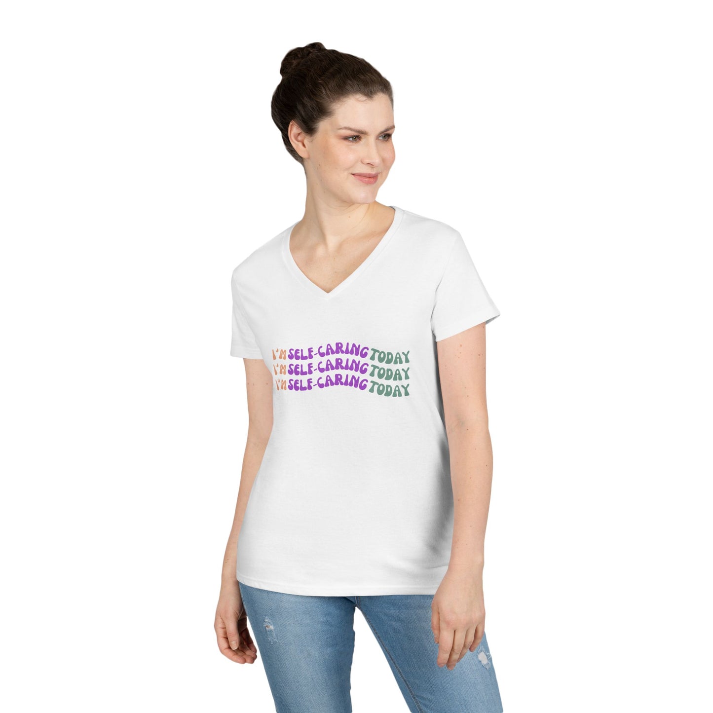 Inspirational Ladies' V-Neck T-Shirt - "I'm Self Caring Today"
