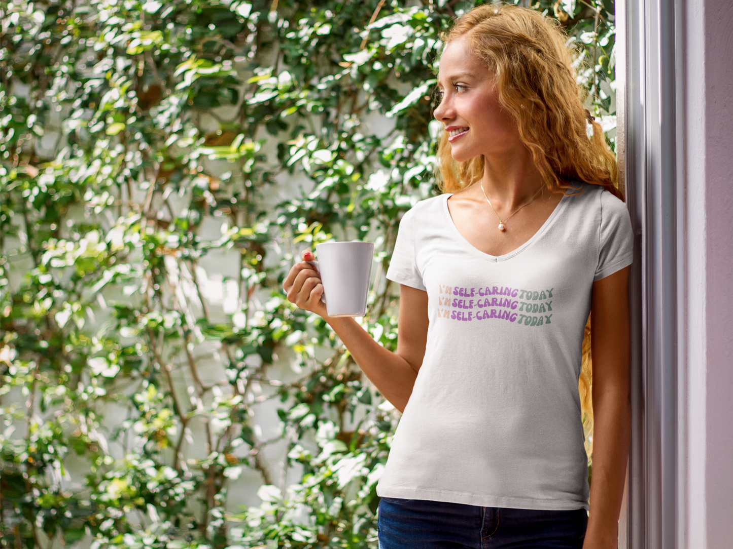 Inspirational Ladies' V-Neck T-Shirt - "I'm Self Caring Today"
